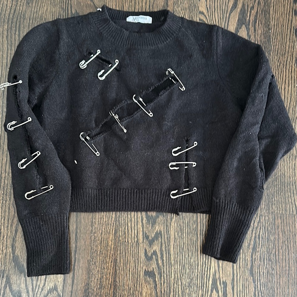 Black Crew Neck Sweater with Safety Pin Accents